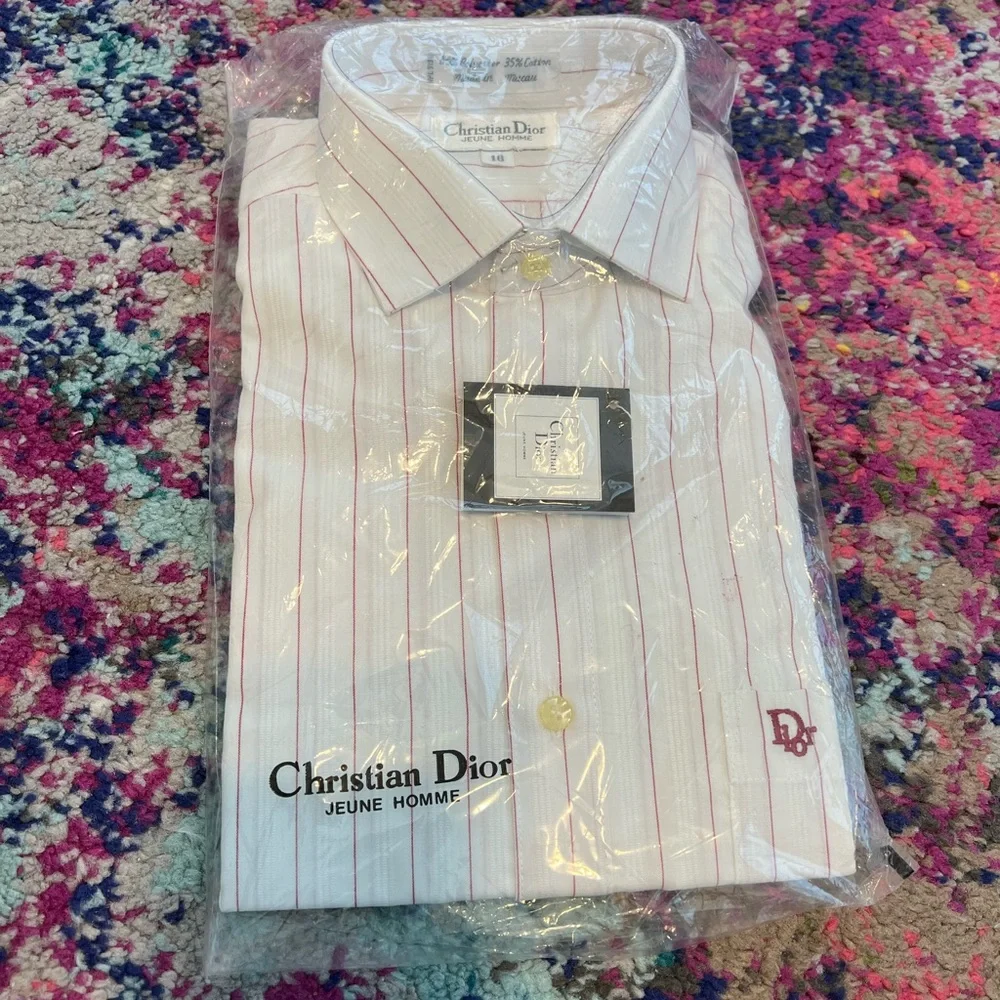 Christian Dior Juene Homme Men's White Dress Shirt with Pink Pinstripes 16 NWT - Picture 4 of 6